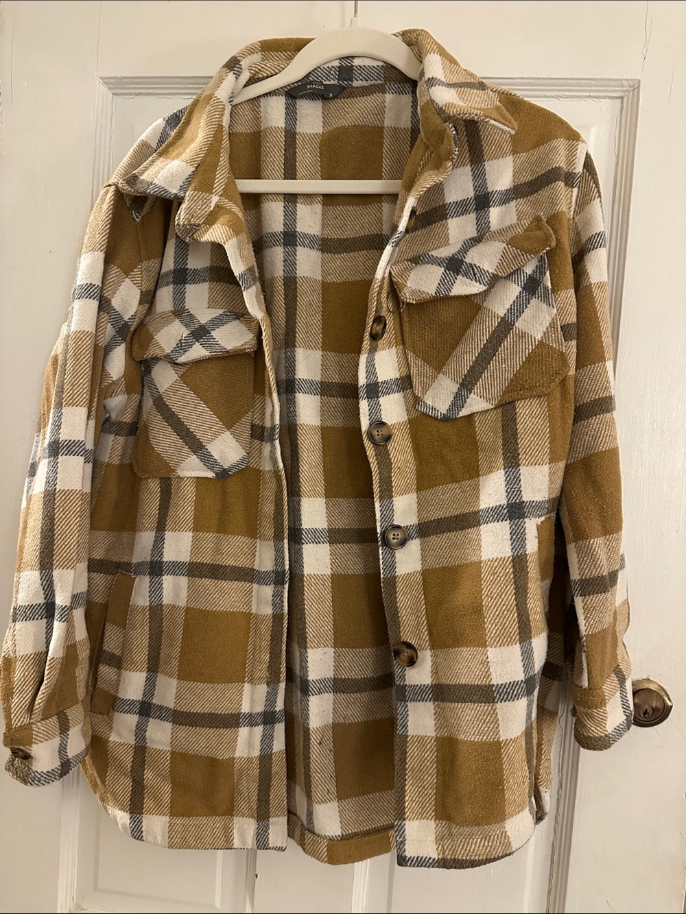 Plaid Button-Up Shacket in Mustard and Cream